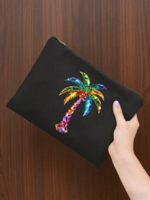 Colorful Rhinestone Palm Tree Print Cosmetic Bag, Zipper Portable Makeup Pouch, Multifunctional Travel Toiletry Organizer Coin Purse, Beach Vacation Accessory Gift For Women - Multicolor - View 9