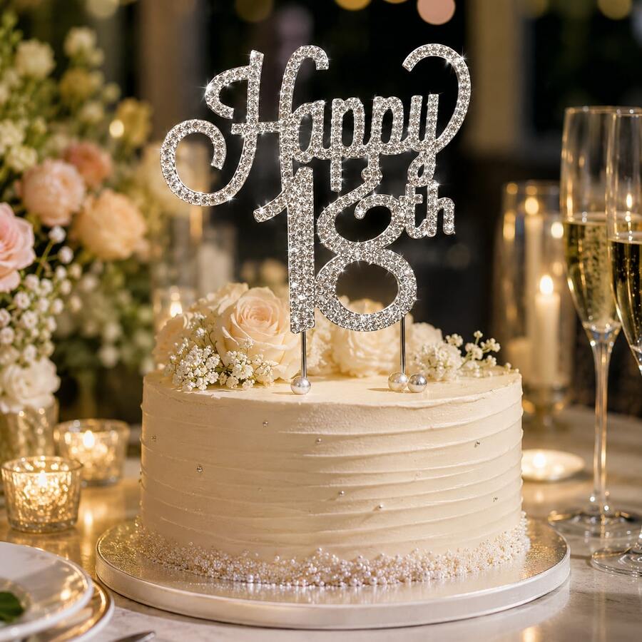 Silver Rhinestone Happy 18th Birthday Cake Topper, Sparkling Number 18 Cake Decoration For Birthday Party, Coming Of Age & Celebration - Style a - View 1