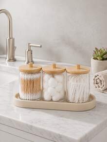 Cotton Swab Holder Set – Bathroom Organizer, Round Cotton Swab Holder With Tray, Apothecary Jar Container Set With Lids - View 4