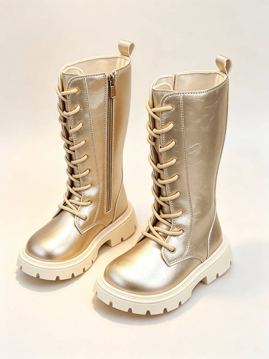 1 Pair Girls' Gold High-Top Boots, Lace-Up Side Zipper Thick Sole Riding Boots, Children's Fashion Performance Long Boots - Gold - View 1
