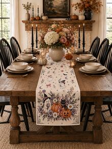 1pc-Vintage Pastel Halloween Table Runner, Cute Ghost Witch Black Cat Pumpkin Lavender Purple Floral Spider Web Print Table Runner, Dining Room Holiday Party Home Tabletop Decoration - Multicolor - View 6