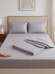 3-Piece Minimalist Striped Bedding Set, 1 Fitted Sheet + 2 Pillowcases (Pillow Inserts Not Included), Soft Breathable Mattress Cover, Deep Pocket All-Season Bedroom Bedding - Light Grey - View 8
