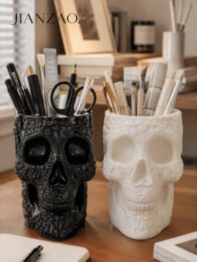 1pc/2pcs Gothic Floral Carved Skull Pen Holder, Large Capacity Desktop Pencil Organizer, Black White Multi‑Functional Makeup Brush Storage Pot, Skull Vase, Halloween Gothic Home Office Table Decor - Gothic Skull Pen Holder - View 8