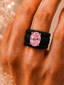 3PCS Pink Oval Cut Synthetic Zirconia Black Silicone Ring Set, Suitable For Daily Wear, Weddings, Valentine's Day, Anniversaries, And Gifts - Black Silicone - Pink Oval - View 2