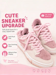QKC 2 Pairs Soft Fluffy Shoelaces, Puffy Flat Sneakers Laces, Cute Shoe Accessories For Casual Shoes - Pink - View 4