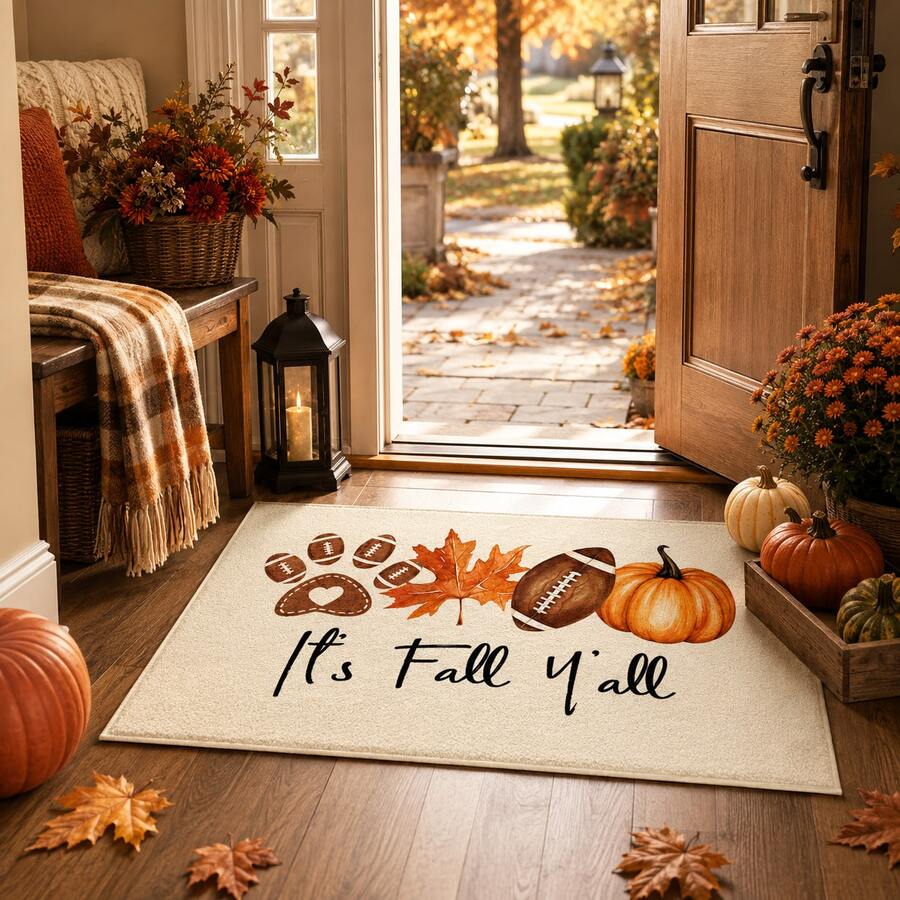 1pc, Autumn Theme Pattern Printed Faux Cashmere Kitchen Mat, Absorbent Kitchen Floor Mat, Kitchen Rug, Long Runner Mat, Sink Front Mat, Suitable For Kitchen, Bathroom, Entryway, Hallway, Laundry Room And Home Decor - Multicolor - View 1