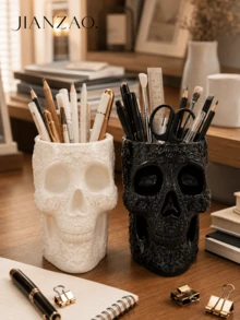 1pc/2pcs Gothic Floral Carved Skull Pen Holder, Large Capacity Desktop Pencil Organizer, Black White Multi‑Functional Makeup Brush Storage Pot, Skull Vase, Halloween Gothic Home Office Table Decor - Gothic Skull Pen Holder - View 6