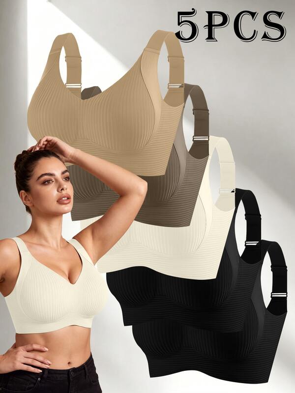 5 piezas Sujetador sin aros clásico talla grande (talla pequeña) para mujer, lencería sin costuras a rayas con soporte suave y moldeador, tirantes ajustables, almohadillas extraíbles