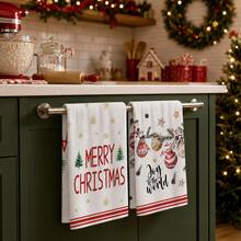 2pcs Christmas Tree Snowflake Bell Letter Print Kitchen Towels, Cozy Holiday Style Hand Towels, Suitable For Christmas Celebration, Christmas Party, Kitchen Decor, Baking Scenes And Winter Home Decoration - Multicolor - View 2