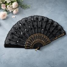 1pc 22CM Women's Sequin Embroidered Fan, Plastic Gold Foil Frame, Suitable For Party, Shopping, Travel, Sun Protection - Black - View 6
