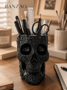 1pc/2pcs Gothic Floral Carved Skull Pen Holder, Large Capacity Desktop Pencil Organizer, Black White Multi‑Functional Makeup Brush Storage Pot, Skull Vase, Halloween Gothic Home Office Table Decor - Gothic Skull Pen Holder - View 10