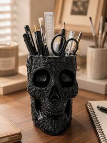 1pc/2pcs Gothic Floral Carved Skull Pen Holder, Large Capacity Desktop Pencil Organizer, Black White Multi‑Functional Makeup Brush Storage Pot, Skull Vase, Halloween Gothic Home Office Table Decor - Gothic Skull Pen Holder - View 14