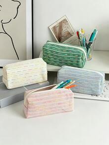 Sweet Striped Pencil Case, Colorful Bubble Gauze Woven Fabric Stationery Storage Bag, Large Capacity Zipper Pencil Pouch, Soft Texture Decorative Accessory, Suitable For Pens And Pencils, Students Back To School Study Desk Home Office Holiday Use - Multicolor - View 8