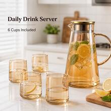 Amber Glass Beverage Jug Set, 1 Pitcher With Lid And 6 Drinking Cups For Kitchen, Dining Room And Home Use - Clear - View 1
