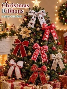 1pc Christmas Velvet Ribbon, Fuzzy Edge Wired Ribbon, 8 Festive Styles, 2m Per Roll, Snowflake Santa Reindeer Prints, Gift Wrapping Bow Making, Christmas Tree Wreath Garland Decor, Holiday Party Home Decoration - 2m/78.7in - View 1
