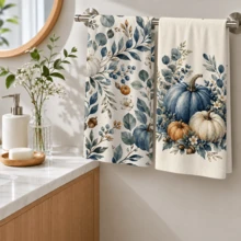2/4/6/8pcs Kitchen Towels Set, Blue & White Pumpkin Eucalyptus Print Polyester Hand Towels, Watercolor Autumn Botanical Design, Farmhouse Fall Kitchen Decor, Thanksgiving Decorations - Multicolor - View 9