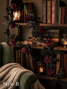 2m Halloween Dark Realistic Rose Vine Garland With Artificial Ivy Leaves, Suitable For Halloween Party Tabletop, Door Frame, Arch, Window Display, Fireplace, Staircase Handrail Decoration, Dark Wedding, Haunted House Scene Atmosphere Photo Prop - Multicolor - View 5