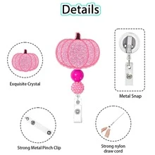 1pc Colorful Pumpkin Beaded Acrylic Retractable Rotating Medical Badge Reel ID Holder, Halloween Costumes For Women, Halloween - Multicolor - View 3