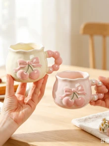 1pc Vintage Cherry Ceramic Mug, Embossed Tea Cup Halloween Mug With 3D Embossed Bow Design And Ribbon - Heat Insulated, Suitable For Office And Home Use, Perfect Gift Choice For Couples - Multicolor - View 7