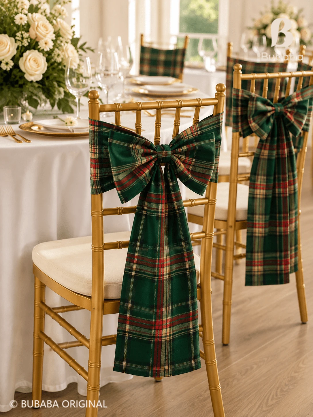 4pcs Christmas Scottish Plaid Chair Back Bowknot Ribbons, Red And Green Checkered Dining Chair Sashes, Wedding Banquet Holiday Party Bamboo Chair Decor - Multicolor - View 1