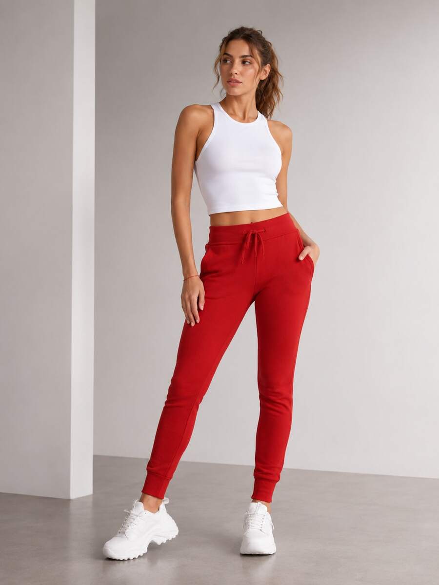 Sweatpants, Elastic Waistband With Drawstrings, Mid-Rise, 2 Pockets, Tapered Legs With Drawstrings, Basic - Red - View 1