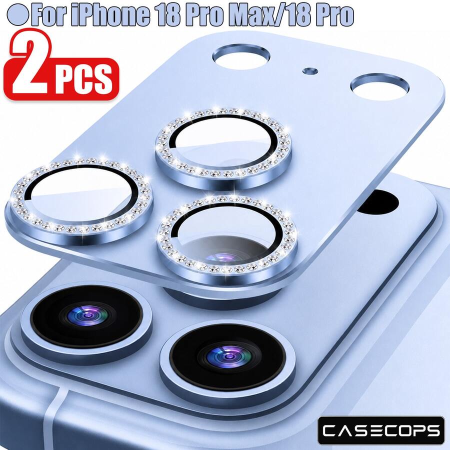 CASECOPS 淺藍色 2入裝 Ultra HD 閃鑽裝甲鏡頭螢幕保護貼，適用 18 Pro Max/18 Pro，金屬表面搭配超薄鋼化玻璃，鑲嵌閃亮鑽石，9H 硬度，防刮、防油污、防指紋、防塵，全覆蓋防護，防止刮傷與衝擊，耐用保護貼，適合智慧型手機使用者與攝影愛好者