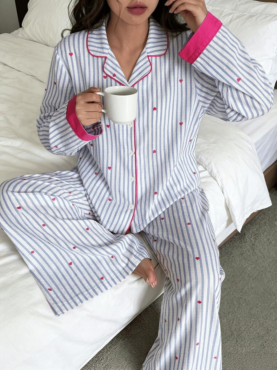 Nina Bonheur 2pcs/Set Women's Loose Comfortable Breathable Striped Long Sleeve Long Pants Cute Pajama Set
