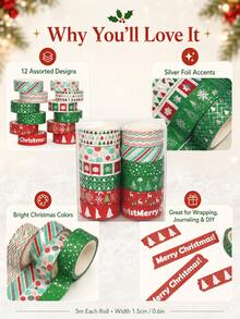 12 Rolls/Box Vintage Christmas Silver Foil Washi Tape, 1.5cm*5m Size Festive Tape Set, Perfect For Holiday Gift Wrapping, Card, Journal, And Scrapbook Decorations - Sets - View 4