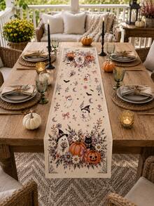 1pc-Vintage Pastel Halloween Table Runner, Cute Ghost Witch Black Cat Pumpkin Lavender Purple Floral Spider Web Print Table Runner, Dining Room Holiday Party Home Tabletop Decoration - Multicolor - View 10