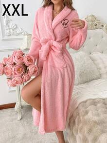 Women's Plush Heart Embroidered Robe, Soft And Comfortable Autumn/Winter Loungewear, Cream Color Plush Bathrobe, Women's Fluffy Plush Robe - Heart Purple - View 18