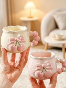 1pc Vintage Cherry Ceramic Mug, Embossed Tea Cup Halloween Mug With 3D Embossed Bow Design And Ribbon - Heat Insulated, Suitable For Office And Home Use, Perfect Gift Choice For Couples - Multicolor - View 8