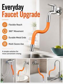 2pcs Extended Faucet Extender, All-Copper Interface Wear-Resistant Durable Model, Silicone Outer Tube Flexible Bendable Easy To Store, Built-In Filter Aerator Even Water Flow, Orange Minimalist Long Cylindrical Design, Silver End Cap Exquisite Detail Elegant Look, Silicone Tube Body Soft Elastic Anti-Kink, Copper Interface Threaded Connection Secure Installation, Extend Water Discharge Distance Convenient For Cleaning, Simple Installation Interface Compatible With Faucets - Multicolor - View 9