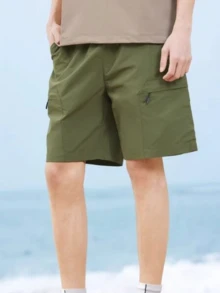 CAMEL CROWN 男士涼感工裝短褲，夏季寬鬆直筒快乾防曬運動七分褲 - 深橄欖 - 查看 1