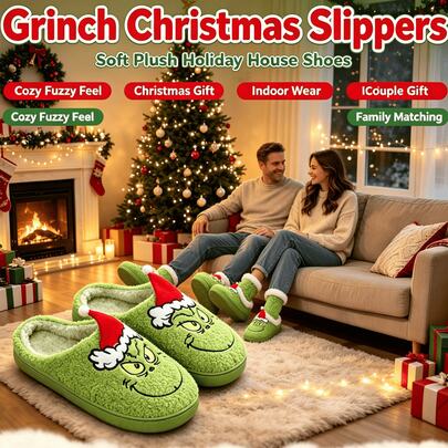 The Grinch 1 par de pantuflas de casa de peluche, zapatos de invierno con sombrero de monstruo verde navideño, forro de peluche suave, diseño de punta cerrada y media espalda, para parejas y familia, adecuado para uso interior en otoño/invierno, atuendo navideño, regalo festivo, zapatos para el hogar con ambiente de fiesta temática navideña