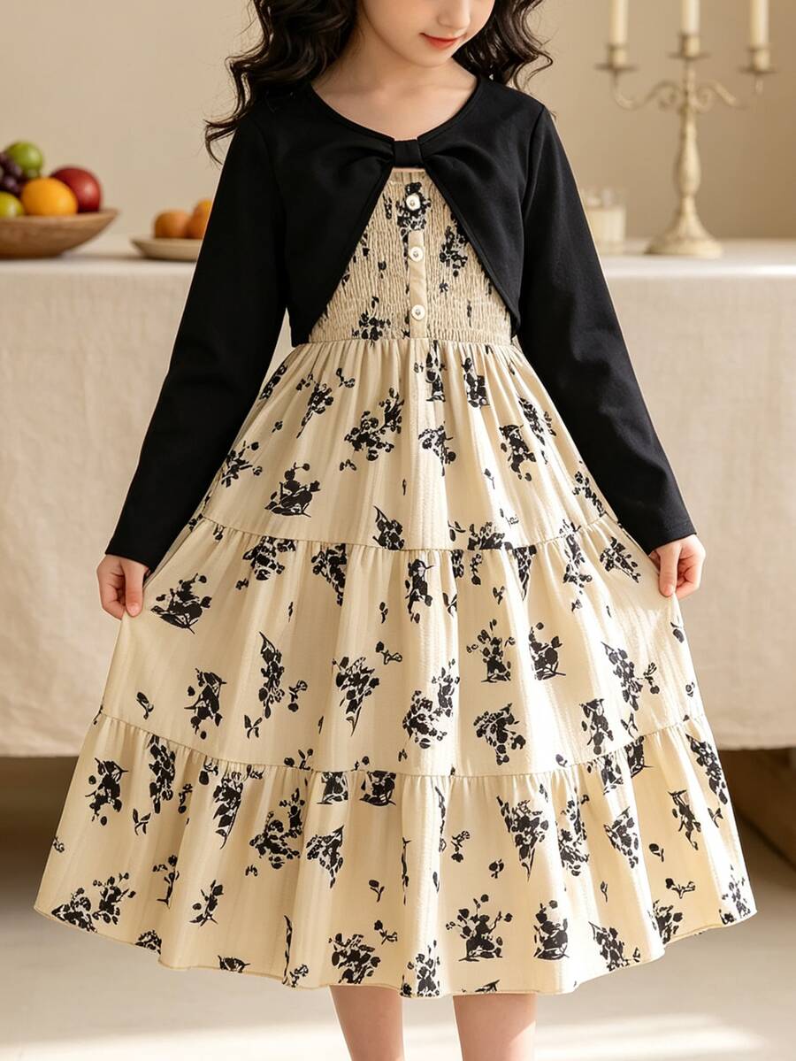 Left Mama Tween Girls Long Sleeve Top & Ditsy Floral Spaghetti Strap Dress, Spring/Autumn - Black - View 1