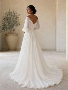 White Bateau Neck Wedding Dress, Elegant Off Shoulder Puff Long Sleeve Chiffon Maxi Dress A Line Flowy Wedding Bridal Gown Formal Party Evening Gown - White - View 5