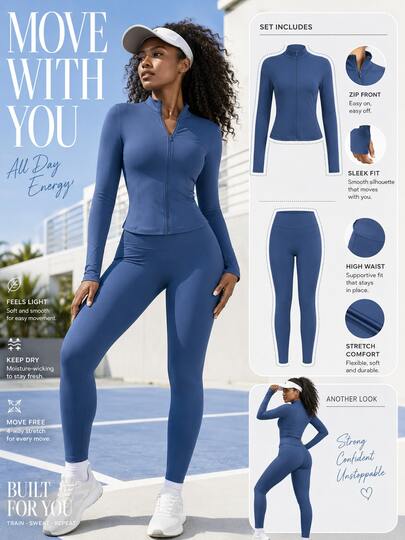 Women 2‑Piece Tracksuit, Zip‑Up Long Sleeve Jacket & High Waist Stretch Leggings, Slim Fit Yoga Casual Outfit