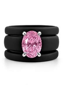 3PCS Pink Oval Cut Synthetic Zirconia Black Silicone Ring Set, Suitable For Daily Wear, Weddings, Valentine's Day, Anniversaries, And Gifts - Black Silicone - Pink Oval - View 6