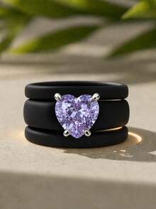3PCS Stacked Black Silicone Ring Set, Cut With Purple Heart-Shaped Zirconia, Suitable For Daily Wear, Girlfriends, Couples, Weddings, Valentine's Day - Black Silicone - Purple Heart - View 14
