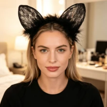 2pcs Sexy Lace Feather Cat Ear Headband, Halloween Party Cosplay Rabbit Ear Headband For Atmosphere - Multicolor - View 3