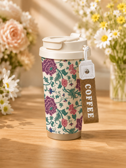 1pc 530ml/18oz Vintage Purple Pink Floral Vine Print Insulated Coffee Mug With Lid And Portable Wrist Strap, Stainless Steel Double-Wall Vacuum Insulated Travel Tumbler, Suitable For Coffee, Tea And Hot/Cold Drinks, Ideal For Office, Home, Car, Commute, Travel And Daily Use, Vintage Botanical Floral Style, Perfect Gift For Women, Girls And Teens For Birthday, Holiday And Everyday Occasions