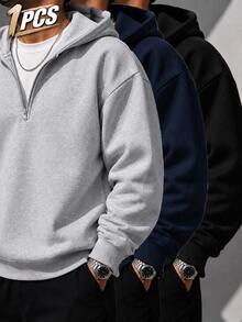 Men's Half Zip Up Hoodie, Solid Color Loose Drop Shoulder Long Sleeve Casual Pullover Hooded Sweatshirt - Grey - View 10