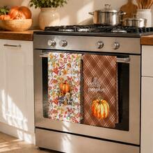 2pcs Pumpkin Maple Leaf Mushroom Plaid Print Kitchen Towels, Autumn Pastoral Style Hand Towels, Suitable For Thanksgiving, Autumn Kitchen Decor, Harvest Celebration, Farm Theme Decoration, Baking Cooking And Daily Home Use - Multicolor - View 2