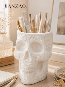 1pc/2pcs Gothic Floral Carved Skull Pen Holder, Large Capacity Desktop Pencil Organizer, Black White Multi‑Functional Makeup Brush Storage Pot, Skull Vase, Halloween Gothic Home Office Table Decor - Gothic Skull Pen Holder - View 7
