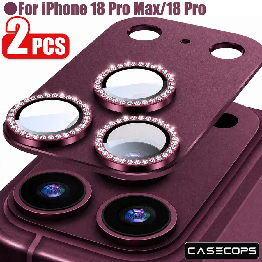 CASECOPS 深櫻桃紅 2入裝 Ultra HD 閃鑽裝甲鏡頭螢幕保護貼，適用 18 Pro Max/18 Pro，金屬表面搭配超薄鋼化玻璃，鑲嵌閃亮鑽石，9H 硬度，防刮、防油污、防指紋、防塵，全螢幕覆蓋防刮防撞，耐用保護貼，適合智慧型手機使用者與攝影愛好者