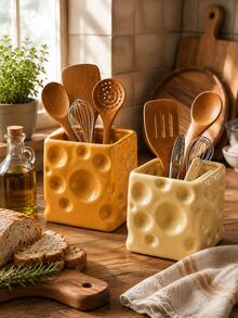 Yellow Cheese Shaped Kitchen Utensil Holder, Large Countertop Utensil Crock - Multicolor - View 6