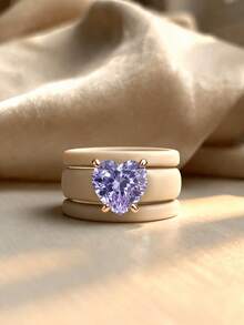 3PCS Stacked Card Color Silicone Ring Set, Cut Purple Love Zirconia, Suitable For Daily Wear, Best Friends, Couples, Weddings, Valentine's Day - Khaki-purple Heart - View 5