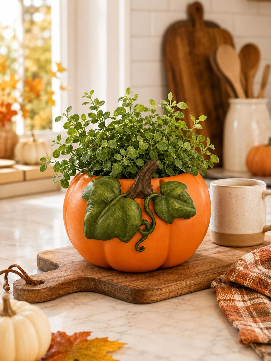 1pc Pumpkin Planter, Orange Fall Flower Pot With Decorative Green Leaves, Autumn Harvest Thanksgiving Tabletop Decor For Living Room Dining Table Mantel Shelf - Multiple Styles - View 1