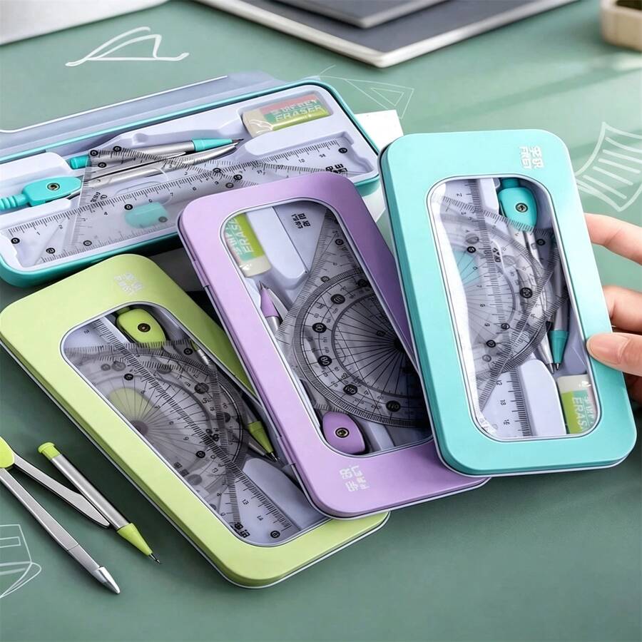 1 Set de Compás y Regla, Regla Triangular Regla de Prueba Regla Multifunción, Accesorios de Dibujo Preciso, Adecuado para Aprendizaje, Matemáticas, Exámenes, Tareas, Útiles Escolares, Compás y Regla de Dibujo Geométrico - Varios estilos - Ver 1