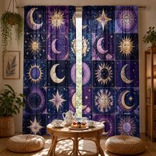 2pcs Bohemian Sun Moon Star Print Decorative Curtains, Rod Pocket Design, No Drilling Required, Easy Installation And Removable, Polyester Material, Suitable For Bedroom, Living Room And Home Decor - Multicolor - View 7